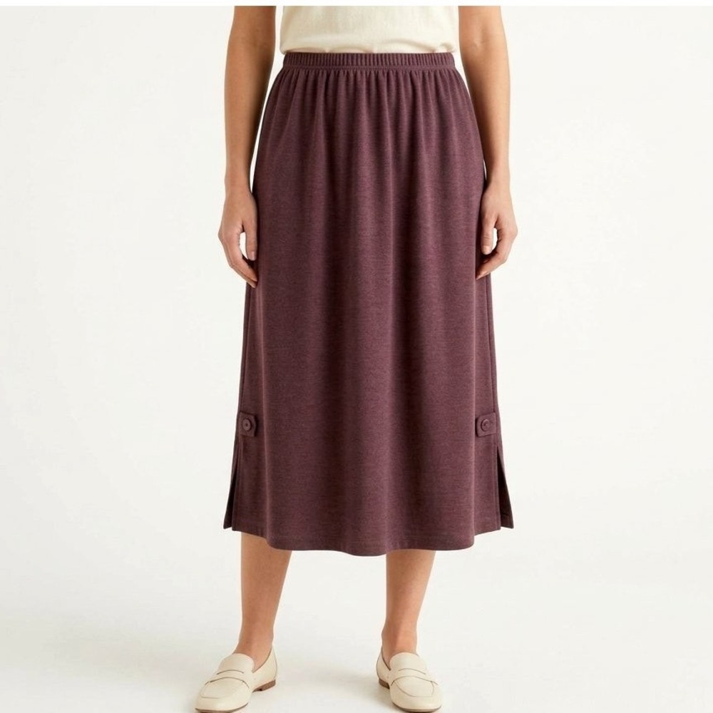 VTG COLDWATER CREEK Poly-Knit DARK PLUM Pull-On SIDE BUTTON/SLIT A-Line Skirt L